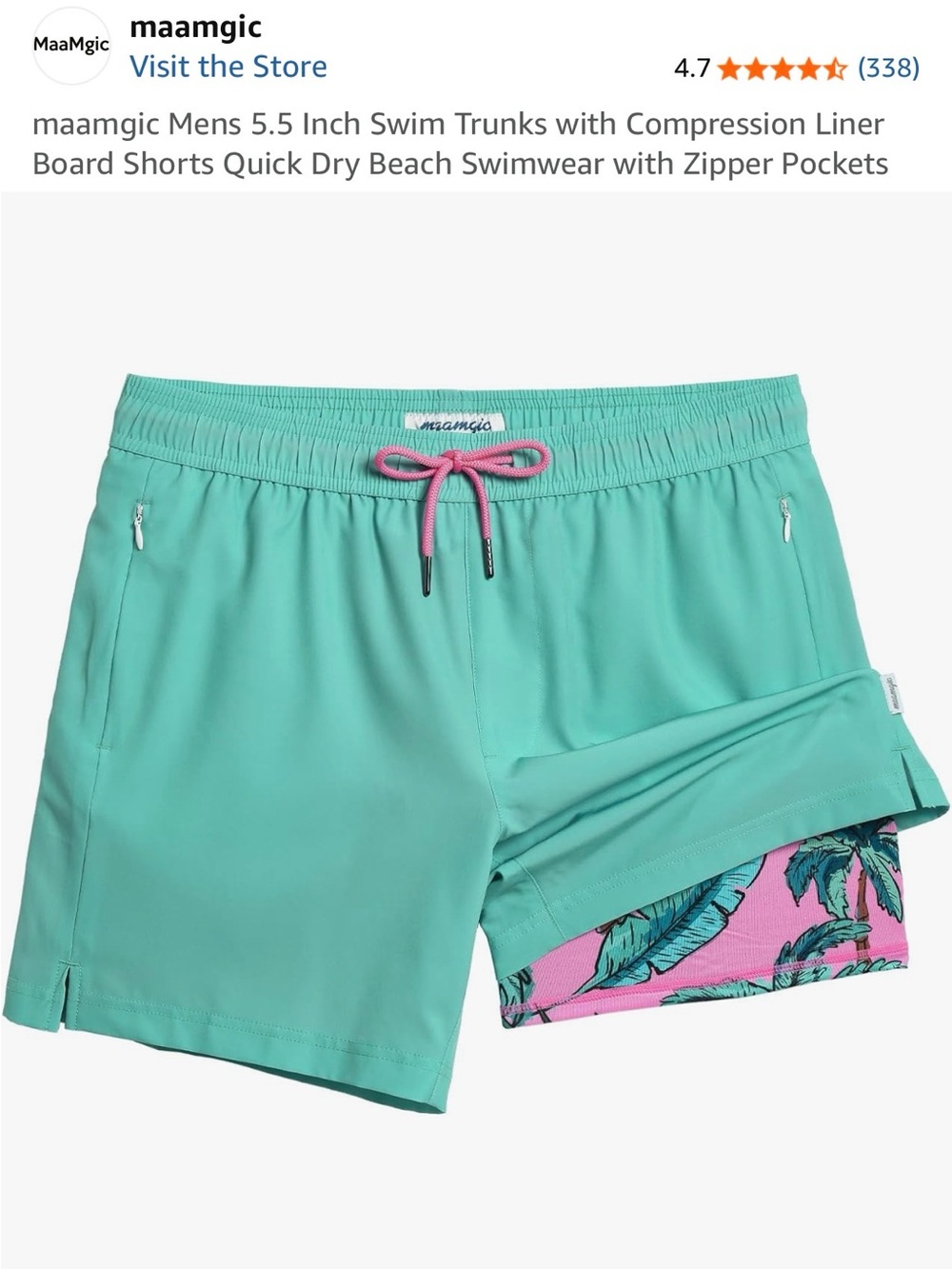 Vibrant Swim Trunks with Teal Tropical Leaf Print Compression Liner